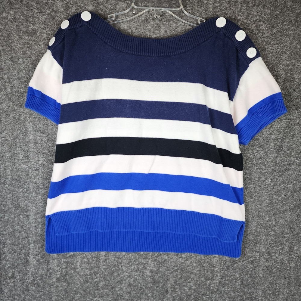 Cabi Sweater Women M 5448 Blue White Striped Button Shoulder Short Sleeve EUC